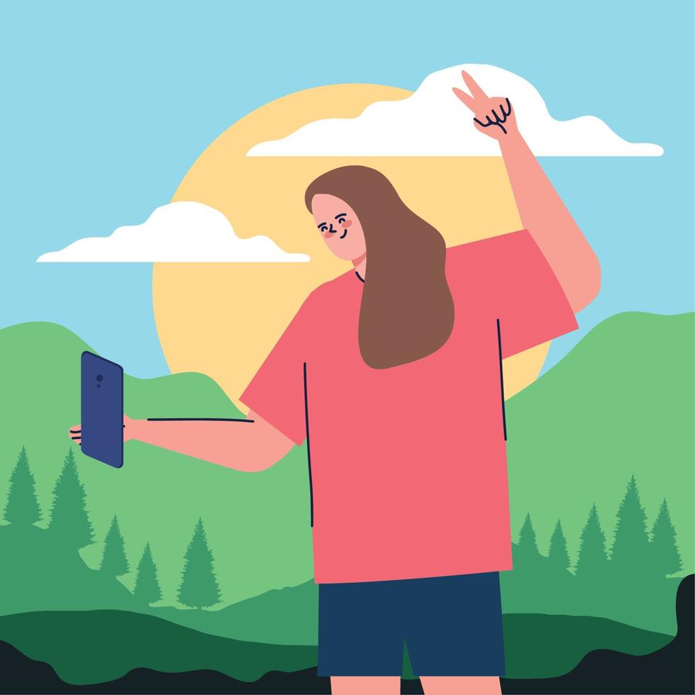 mujer tomándose una selfie en el paisaje vector