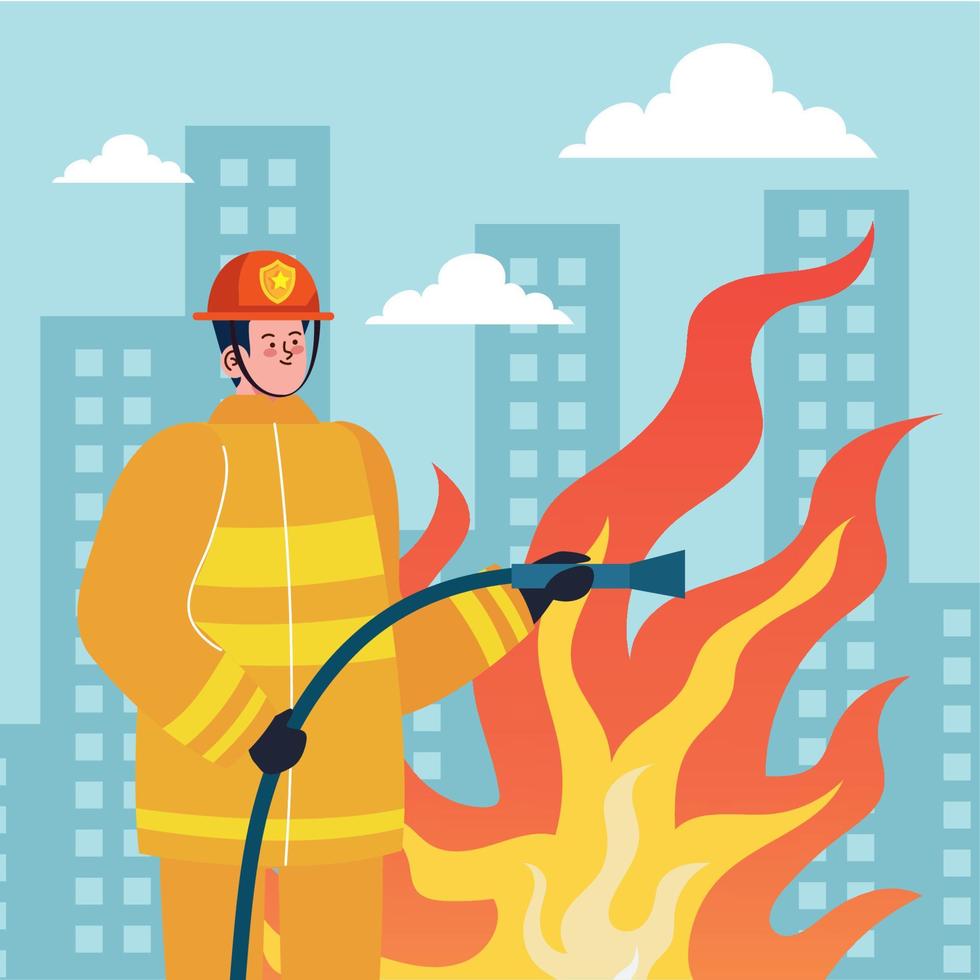 firefighter with hose on the city vector