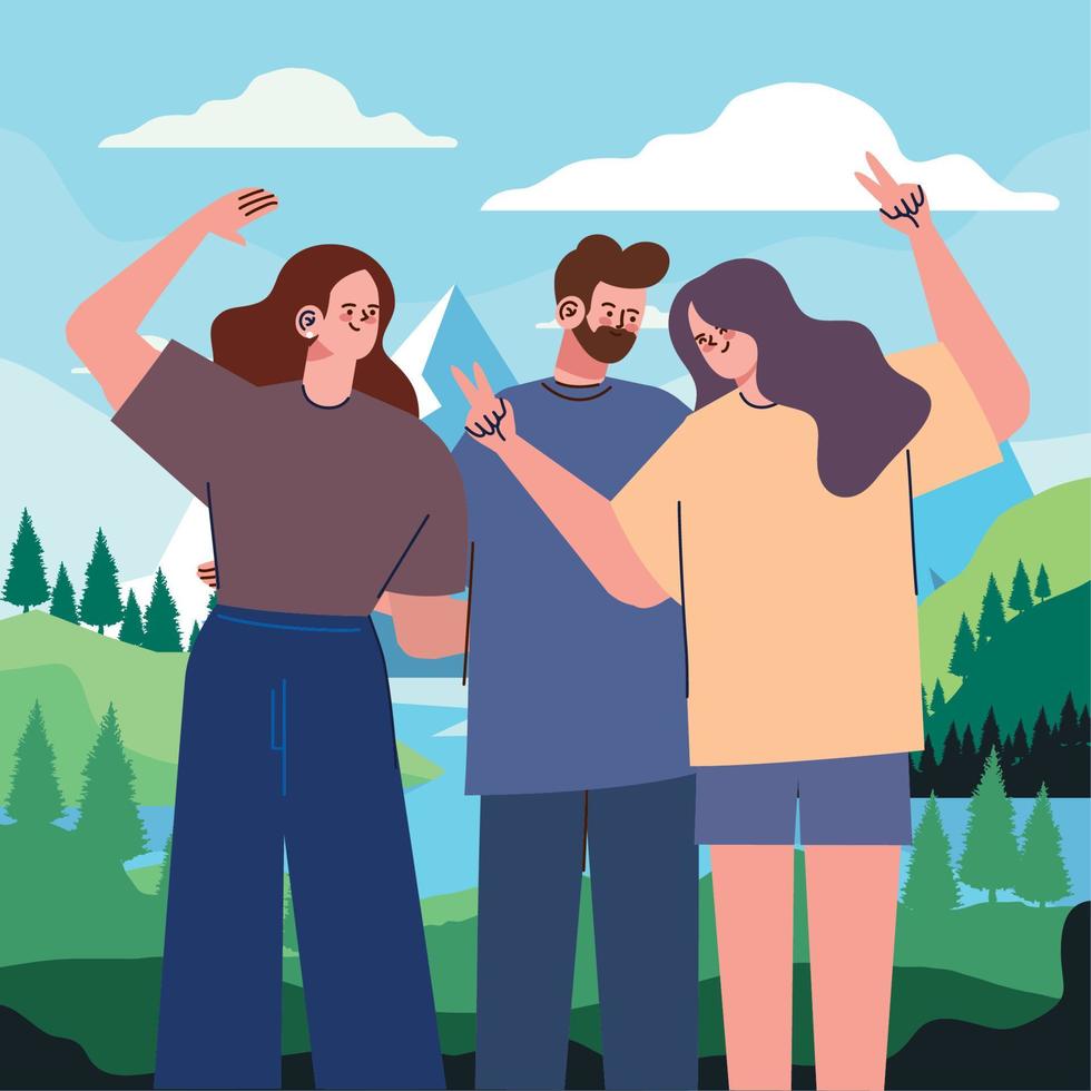 three young friends in landscape vector