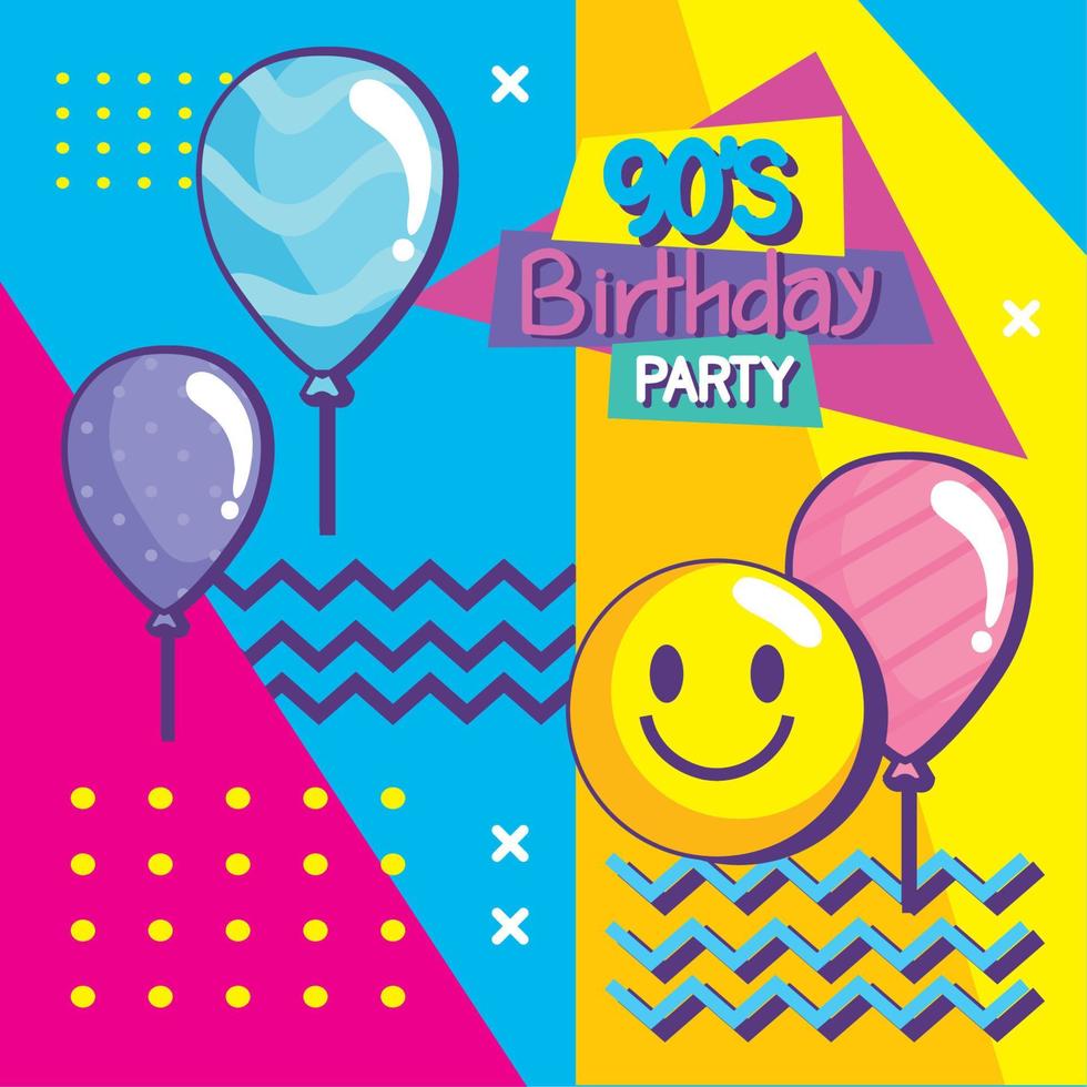 Fiesta de cumpleaños 90 con globos helio y emoji vector