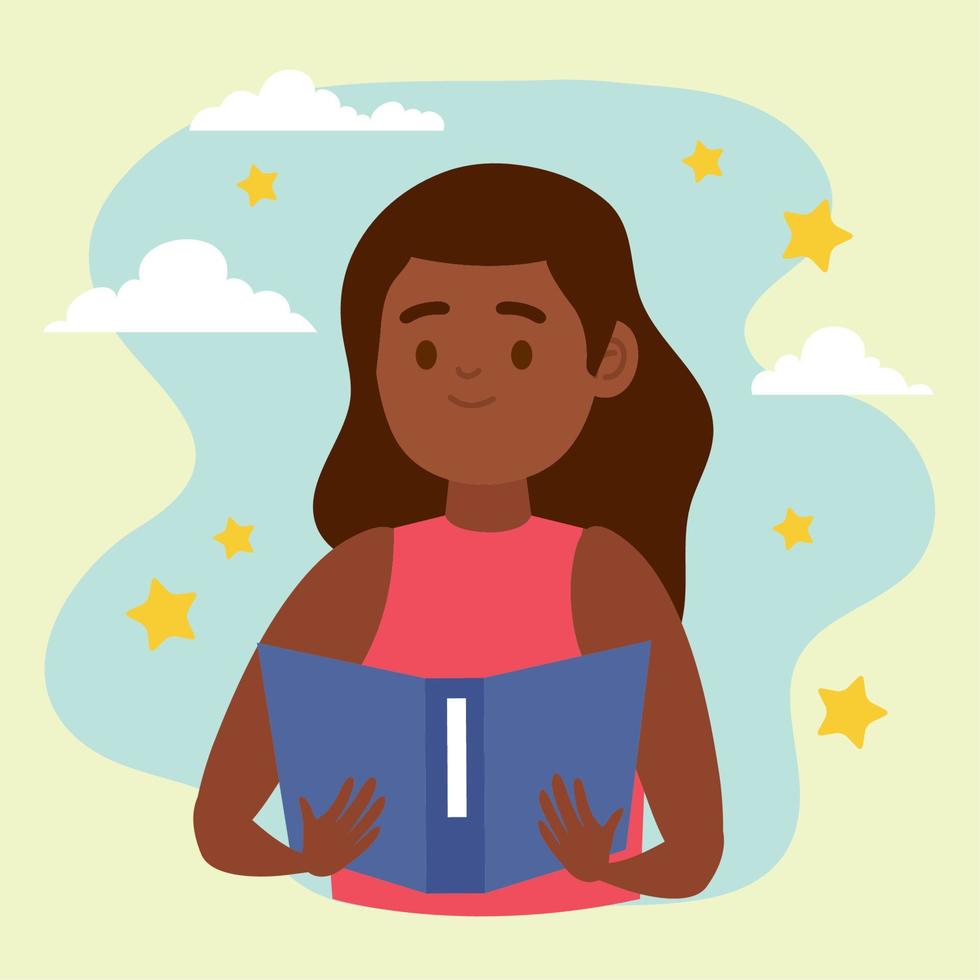 afro girl reading blue book vector