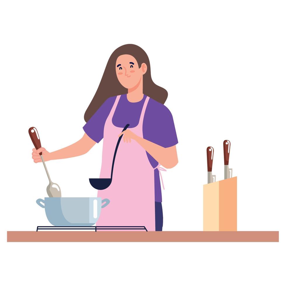 mujer cocinando con delantal lila vector