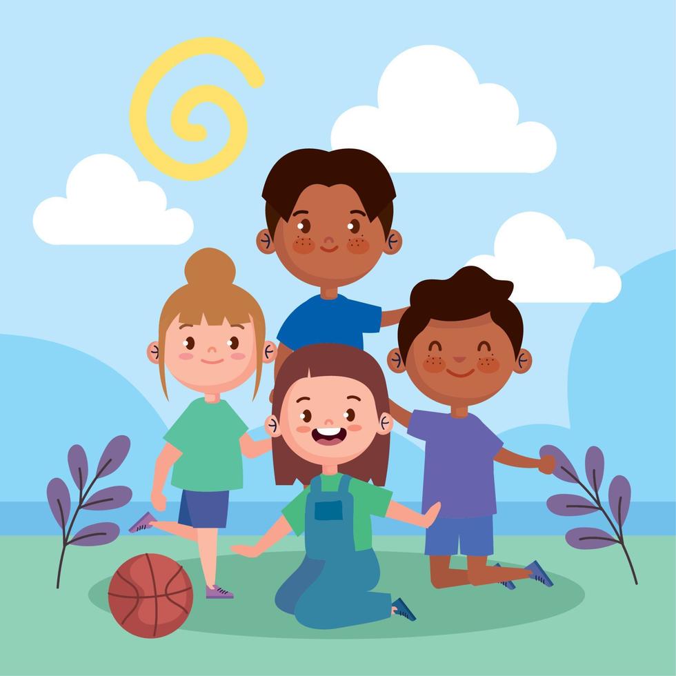 four kids playing in landscape vector