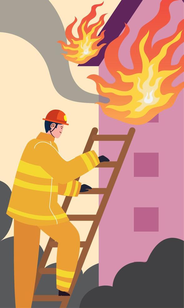 firefighter climbing building onfire vector