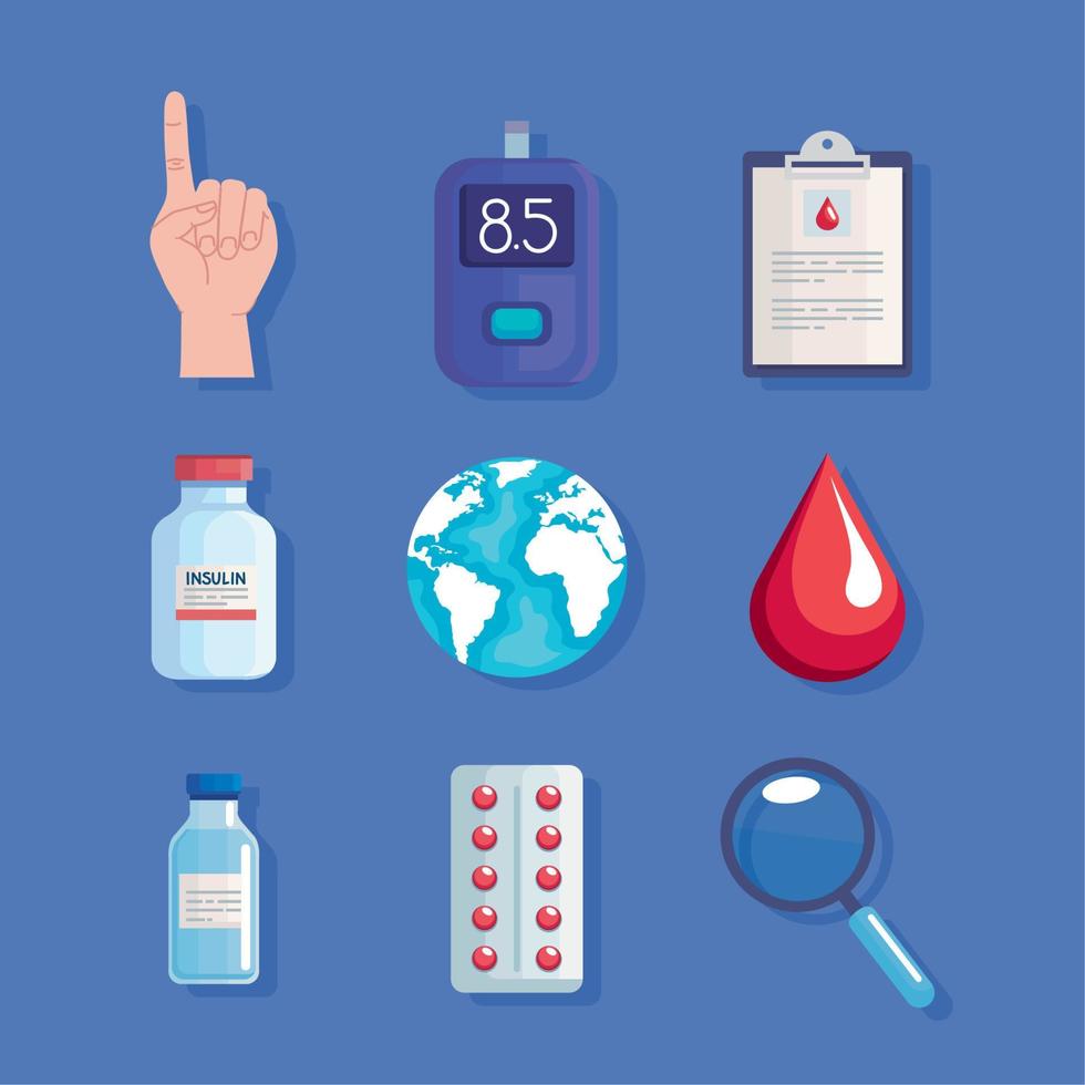 nine world diabetes day icons vector