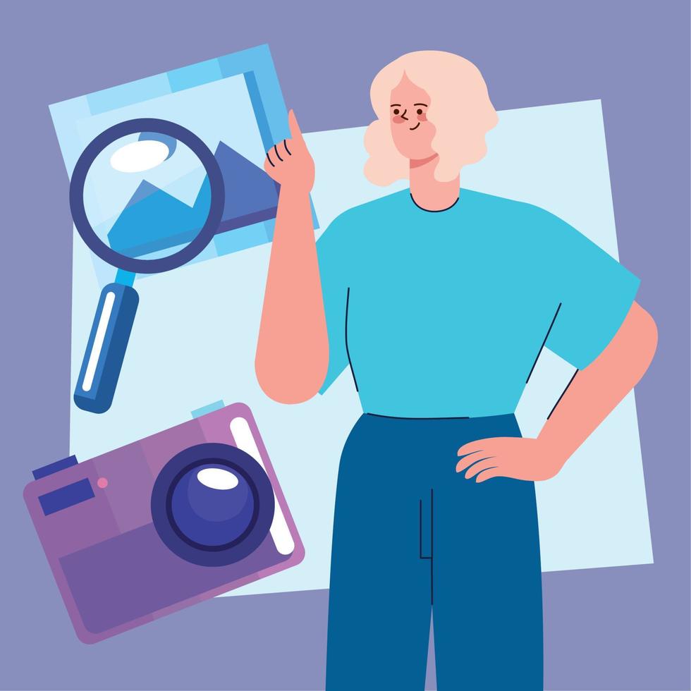 female designer with magnifying glass vector