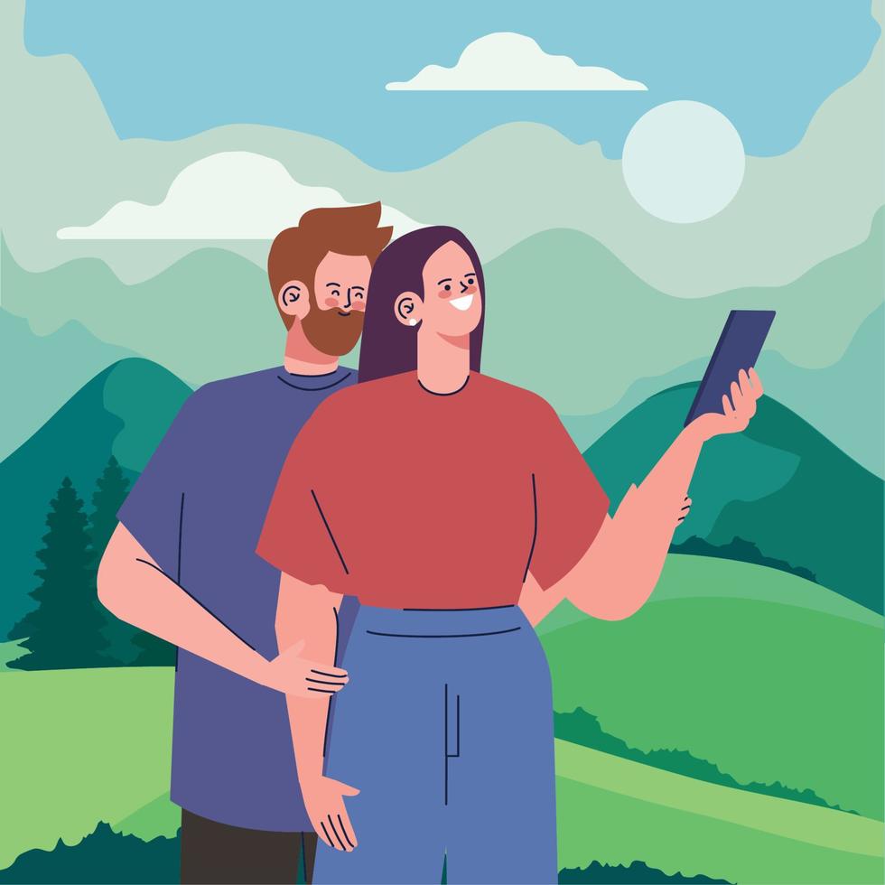 pareja tomándose una selfie en el campamento vector