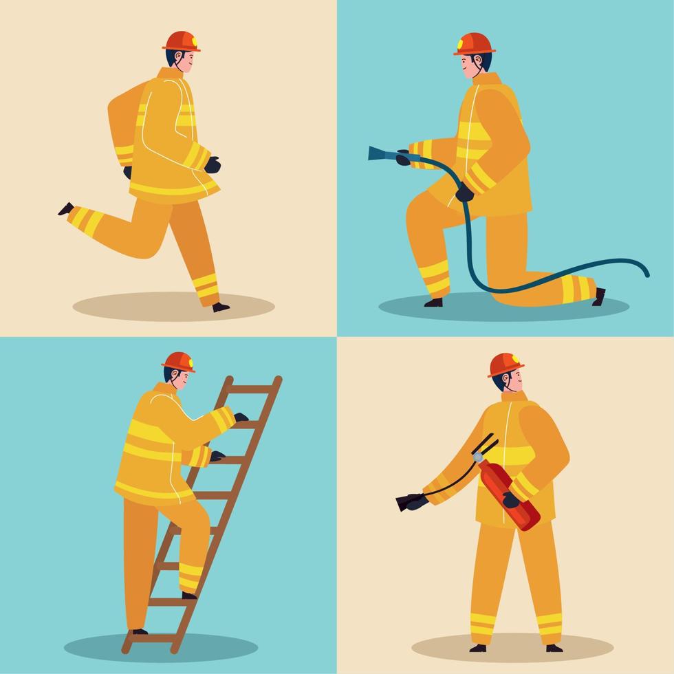 four firefighters with equipment vector