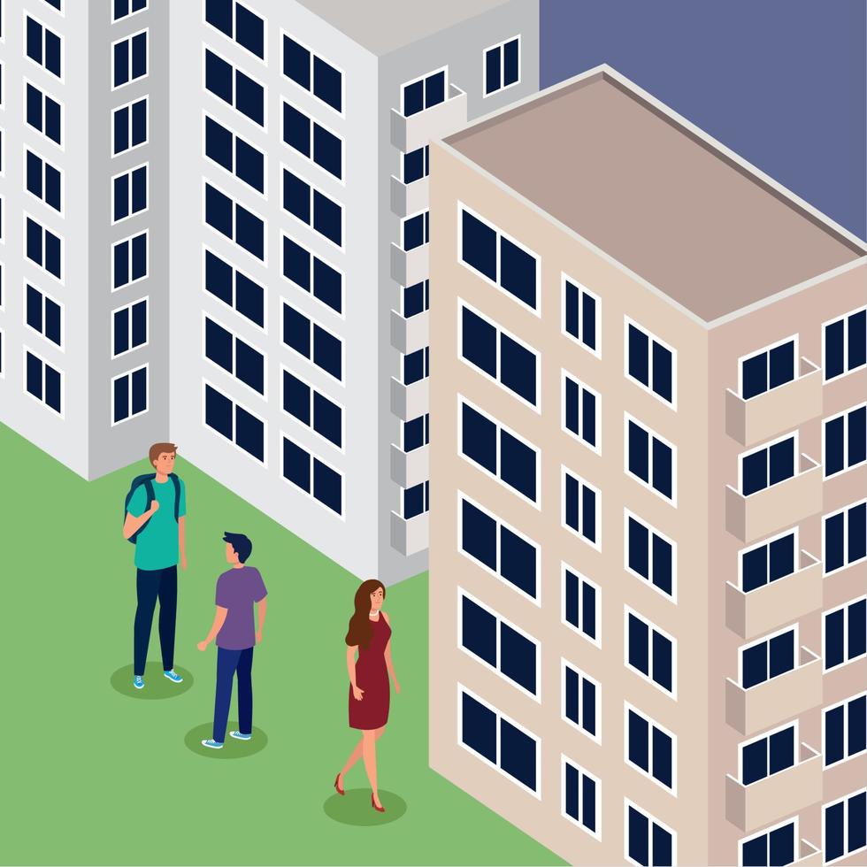 persons and buildings isometric vector