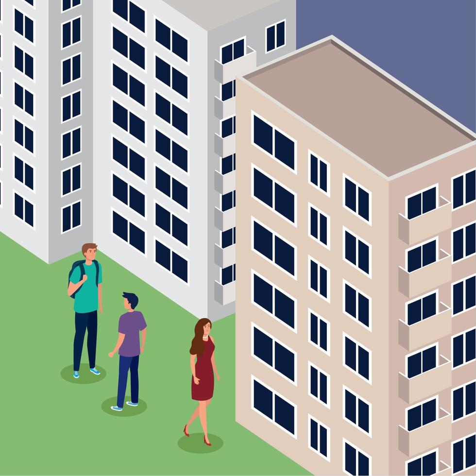 persons and buildings isometric vector