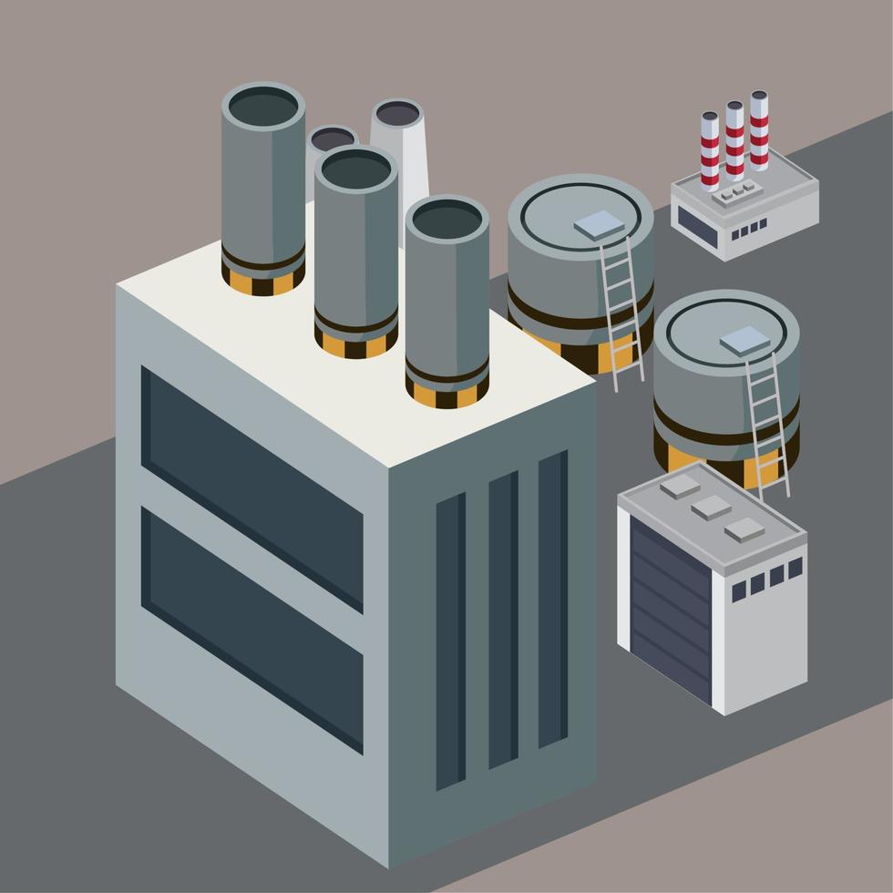 tanques industriales isométricos y edificio vector