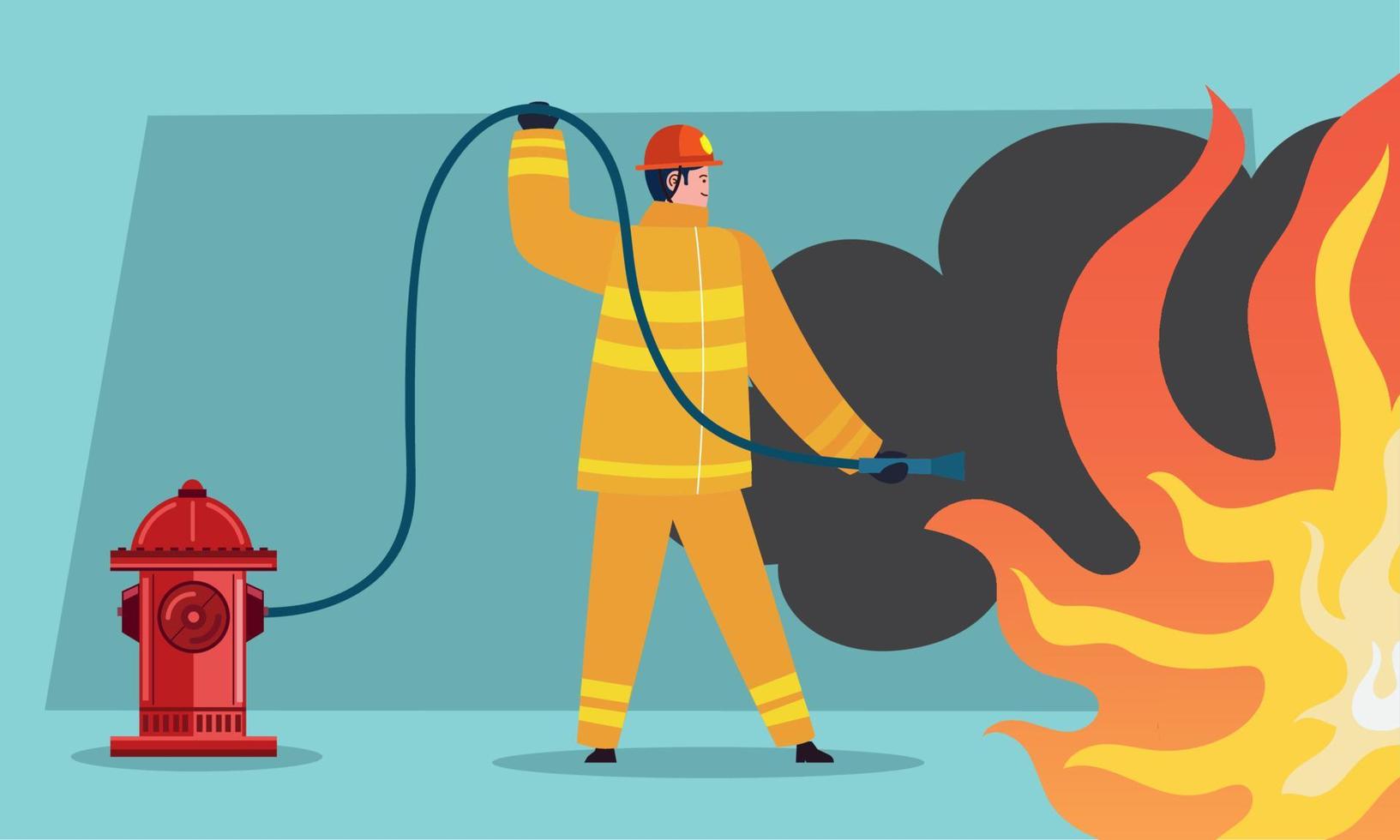 fireman with hose and hydrant vector