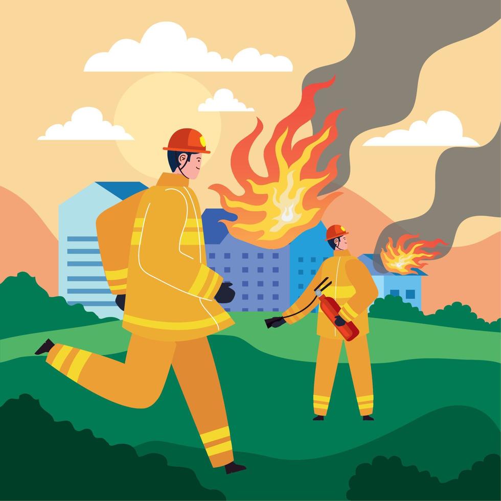 two firefighters with extinguisher vector