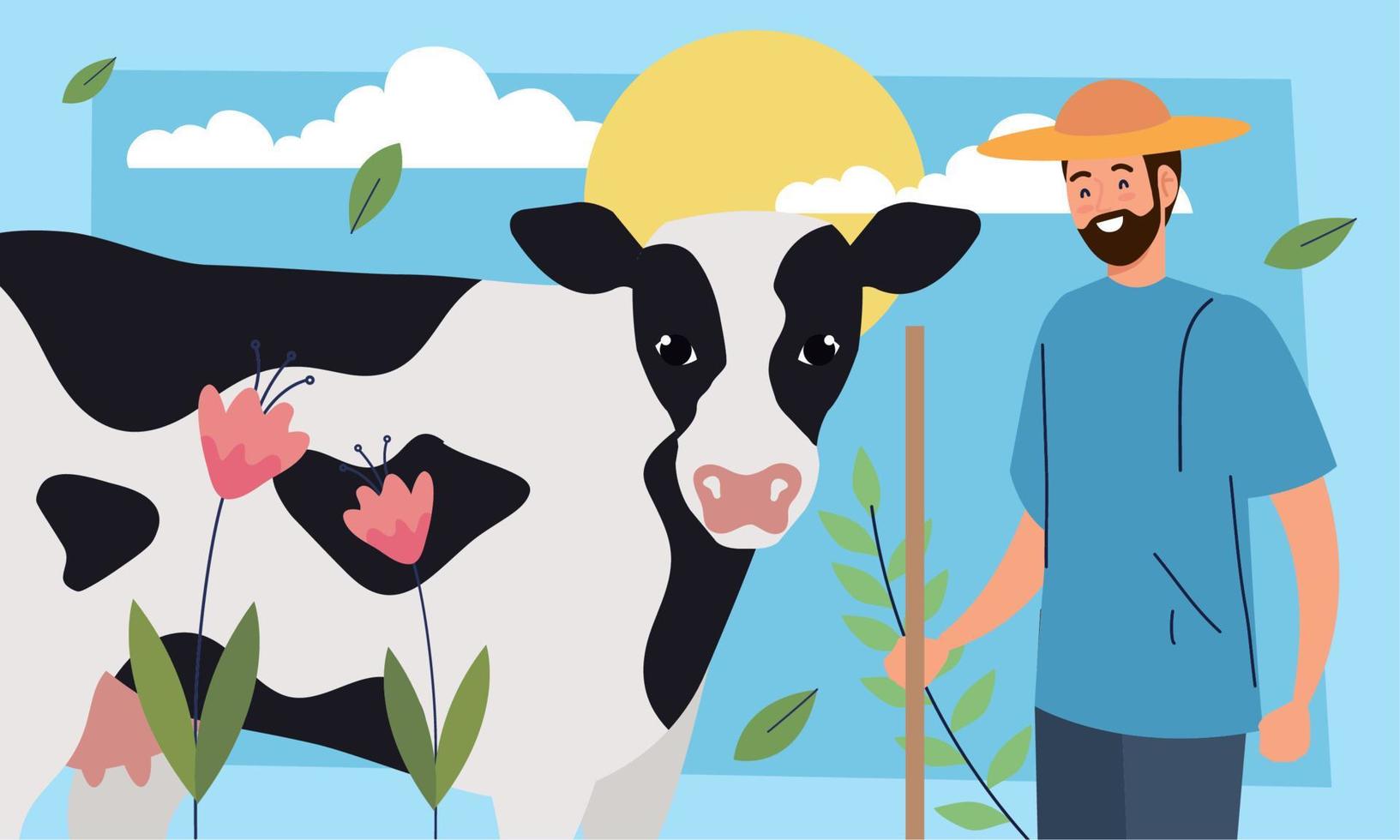 cow with male farmer vector