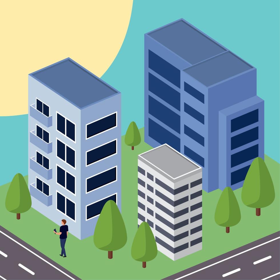 isometric buildings and people vector