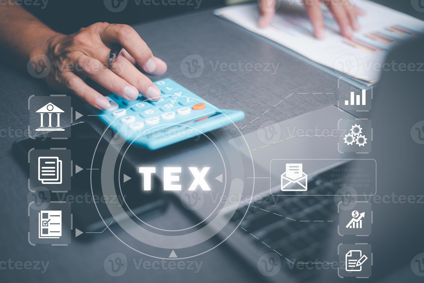 Auditor using working calculator, balance sheet management concept. verification form Budget management and meeting minutes management annual tax calculation photo