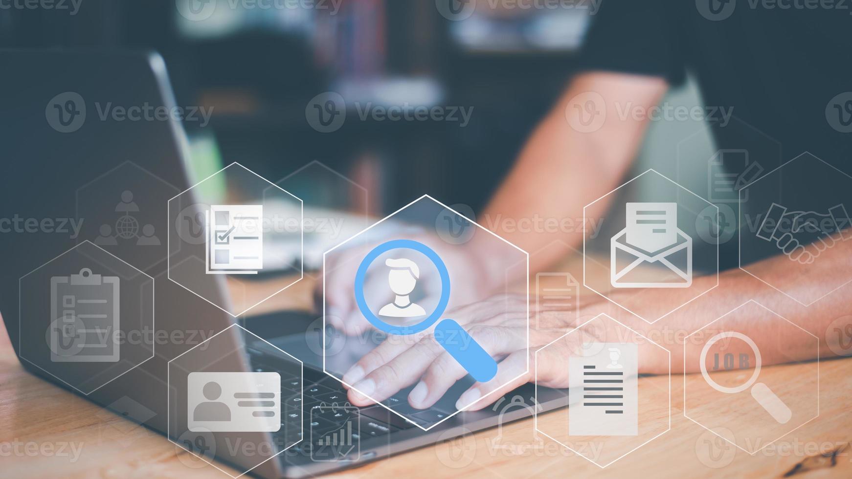recruiting and hiring concept Job search, HR search with online technology ,Young man seeks vacancies online with network technology, photo