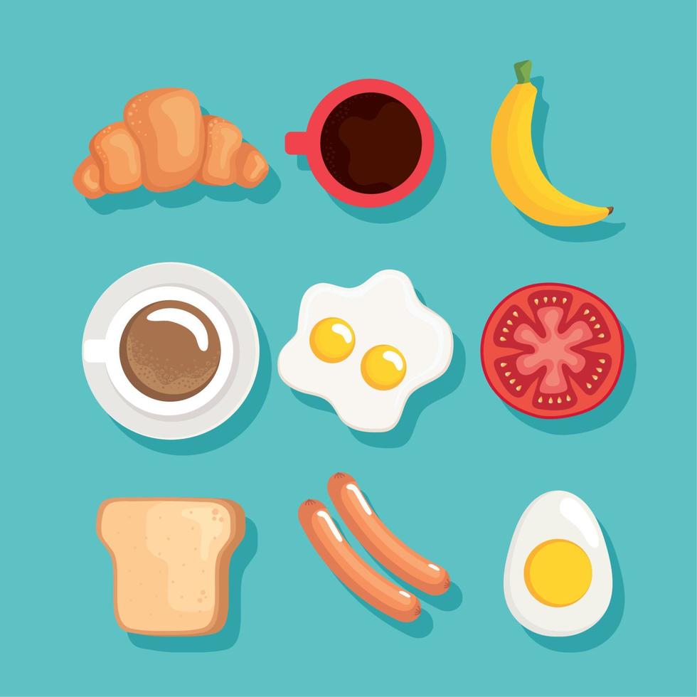 iconos de nueve ingredientes de desayuno vector