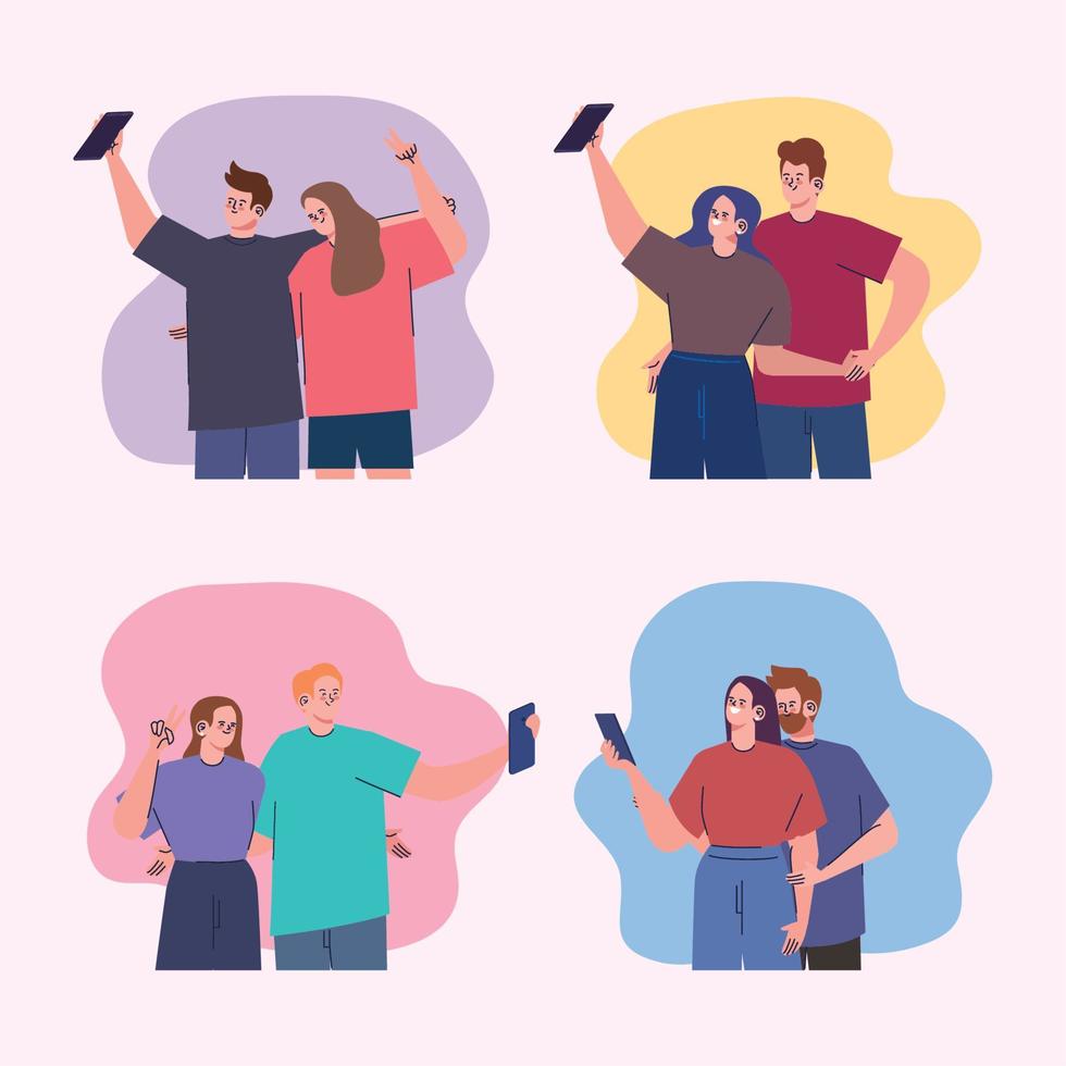 four couples taking a selfies vector
