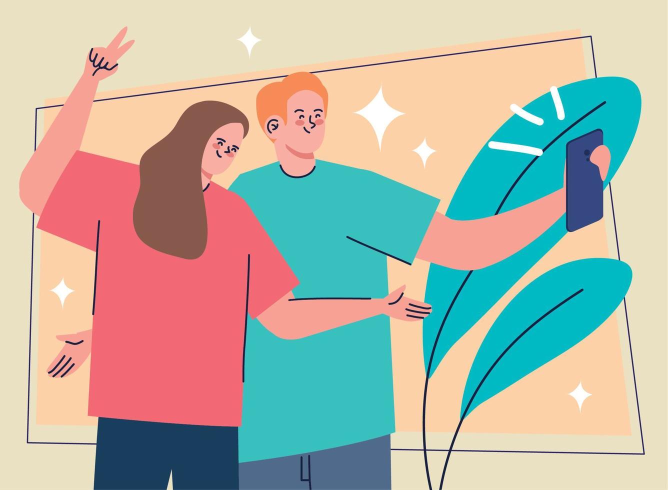 cople taking a selfie with leafs vector