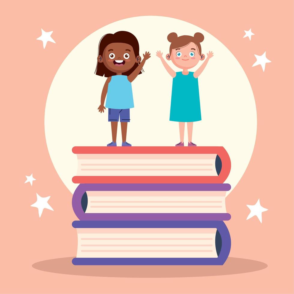 little interracial girls reading books vector