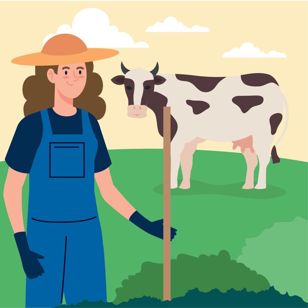 cow with female farmer vector