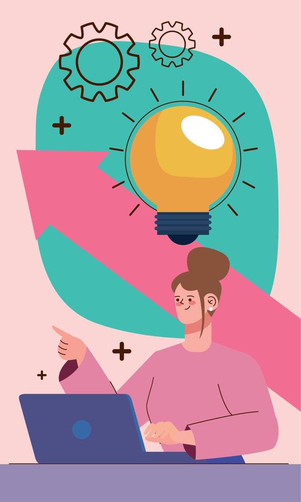 business woman with laptop and bulb vector