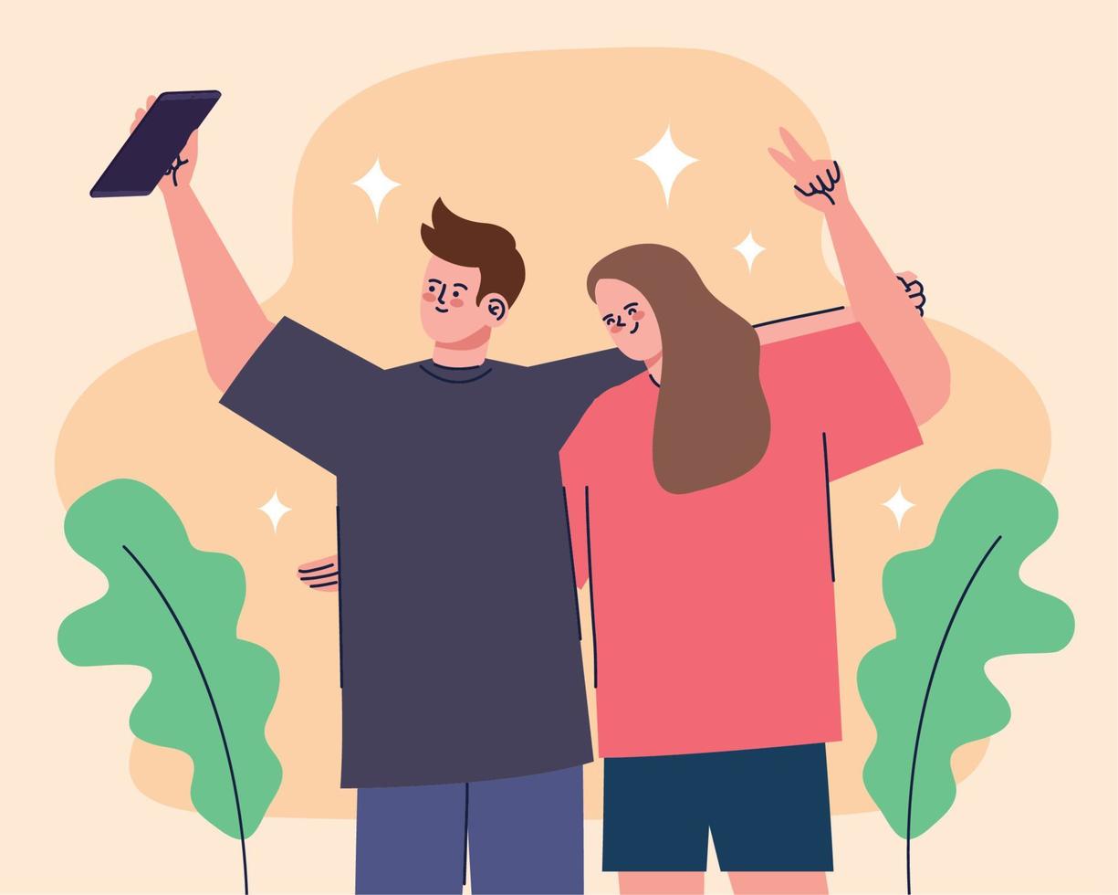 feliz pareja tomando un selfie vector