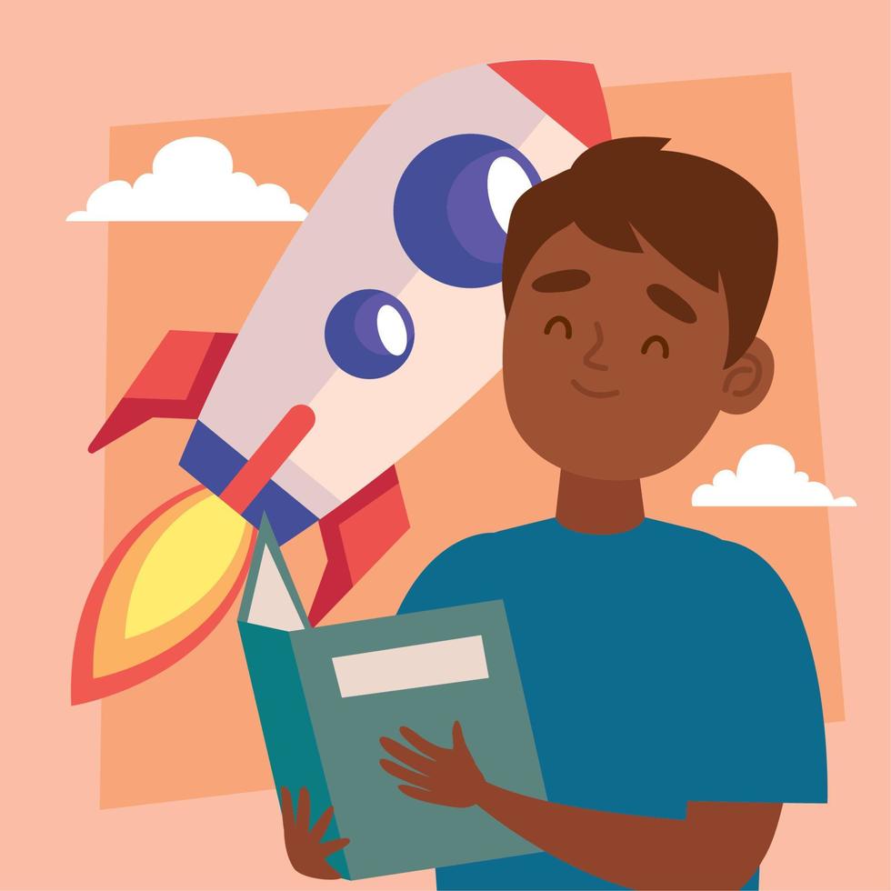 boy reading book and rocket vector
