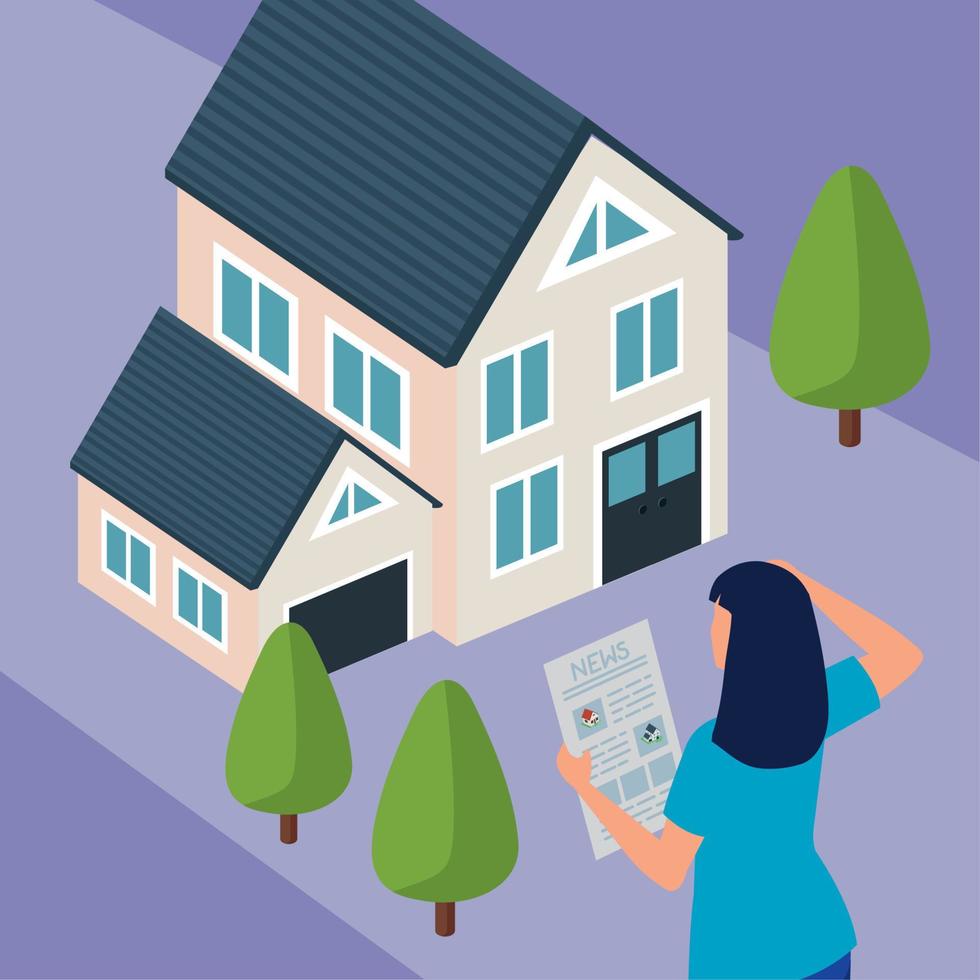 woman and isometric house vector