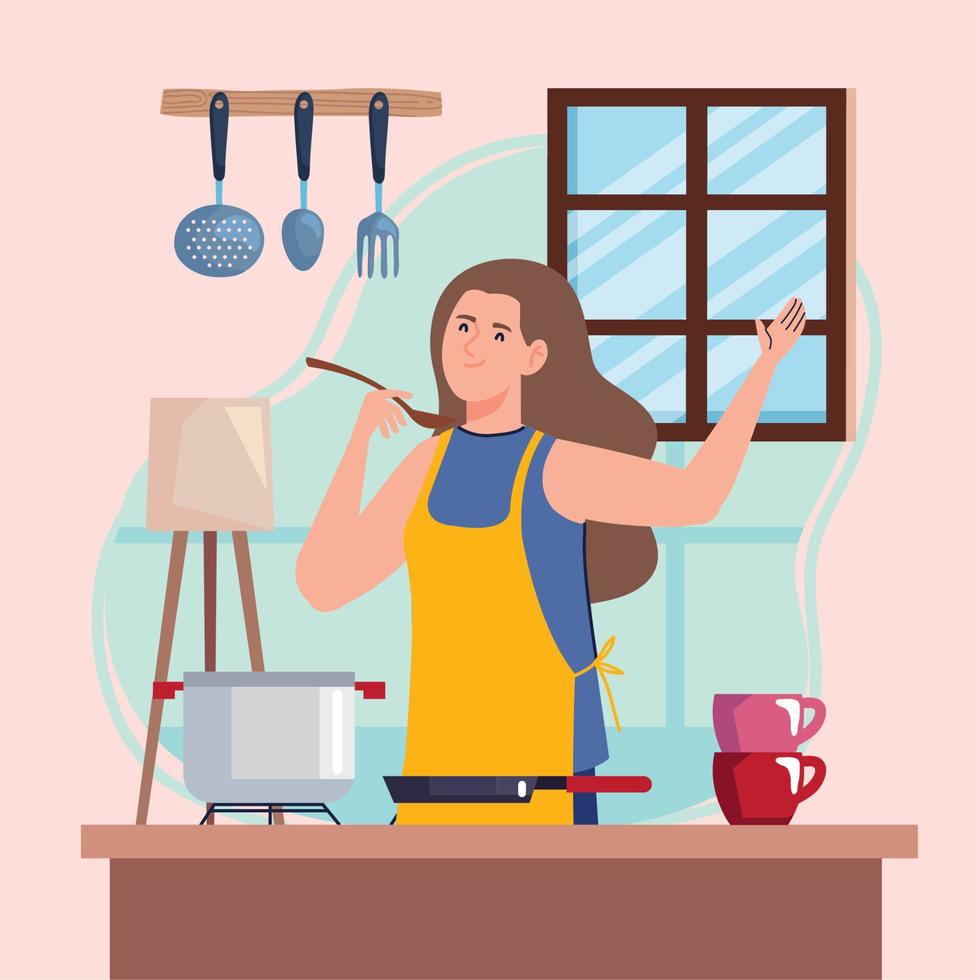 mujer feliz cocinando vector