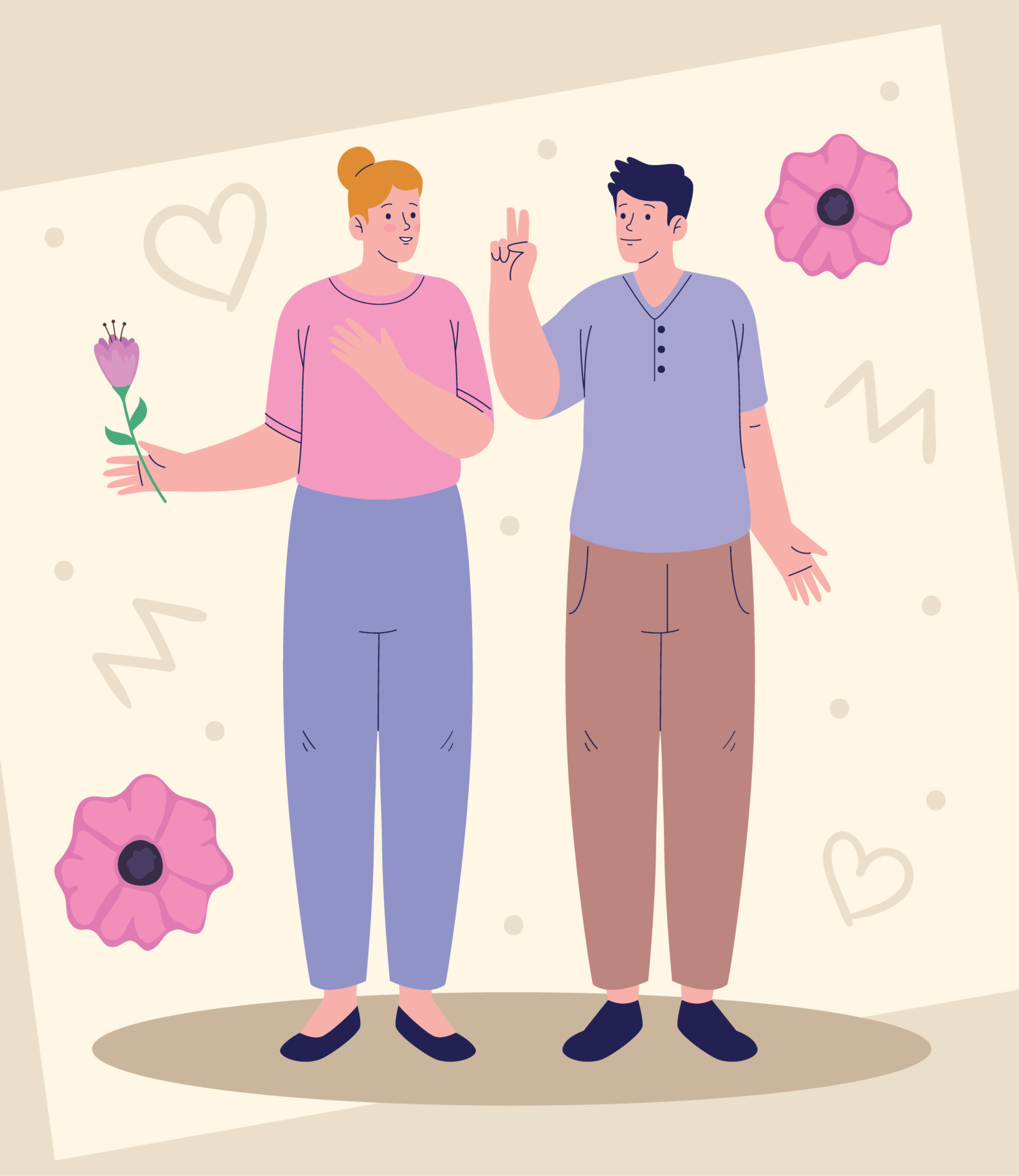 friends couple with pink flowers 11379392 Vector Art at Vecteezy