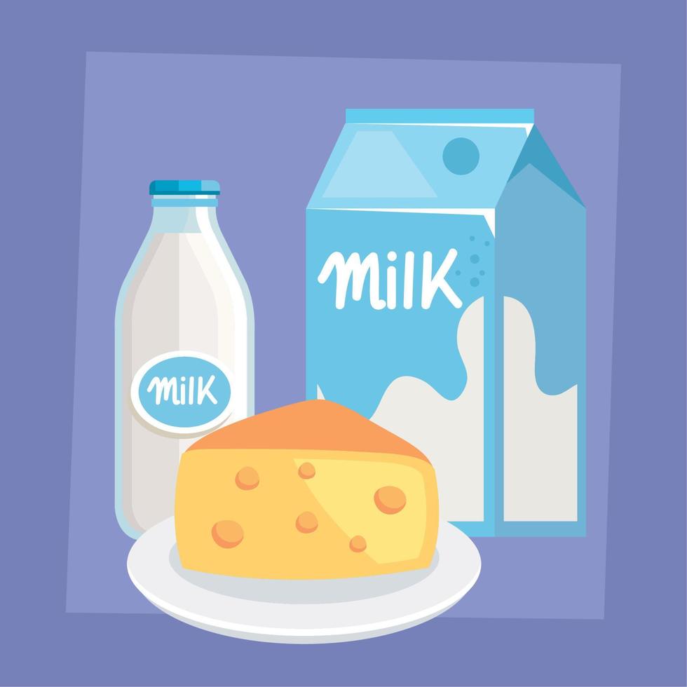 milk bottle and box with cheese vector