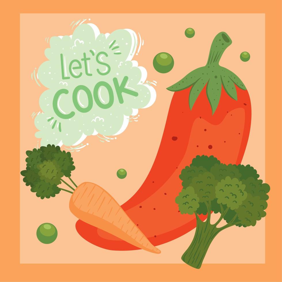 lets cook lettering with healthy food vector
