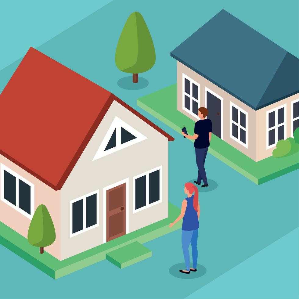 persons and houses isometric vector