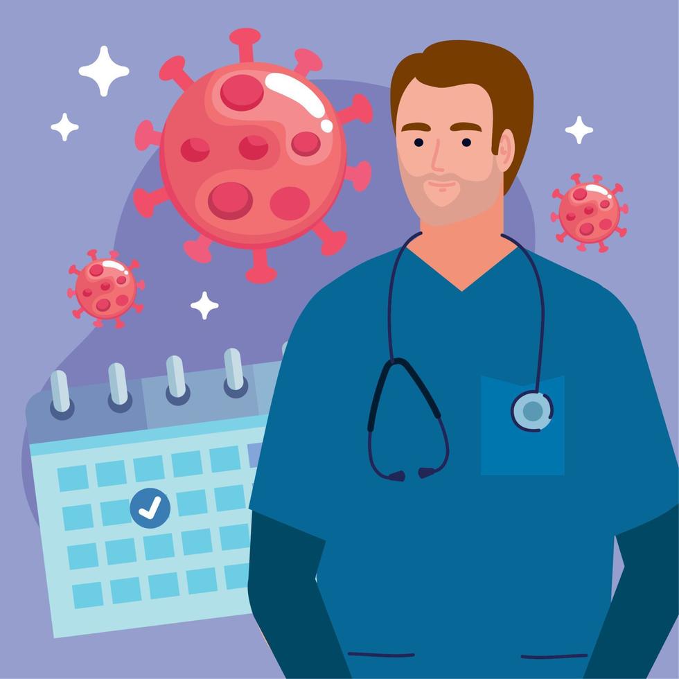 doctor with covid19 particles vector