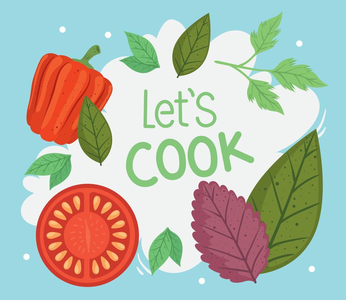 lets cook lettering with vegan food vector