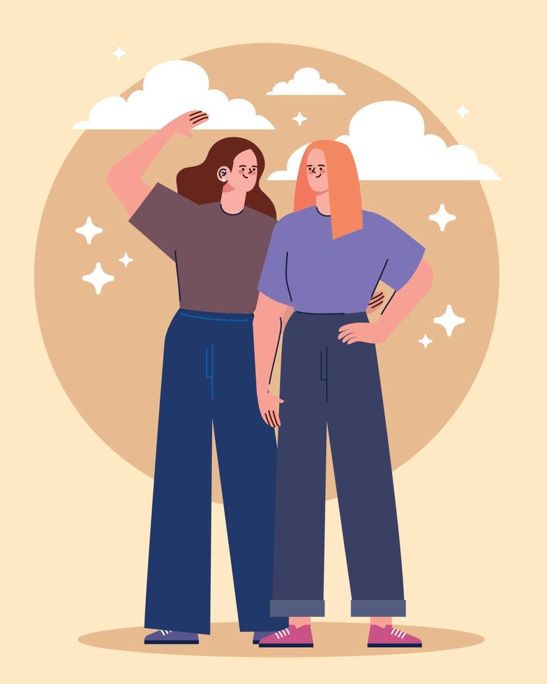 girls couple friends with clouds vector