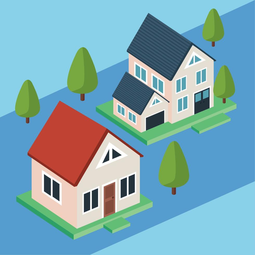 isometric houses and trees vector