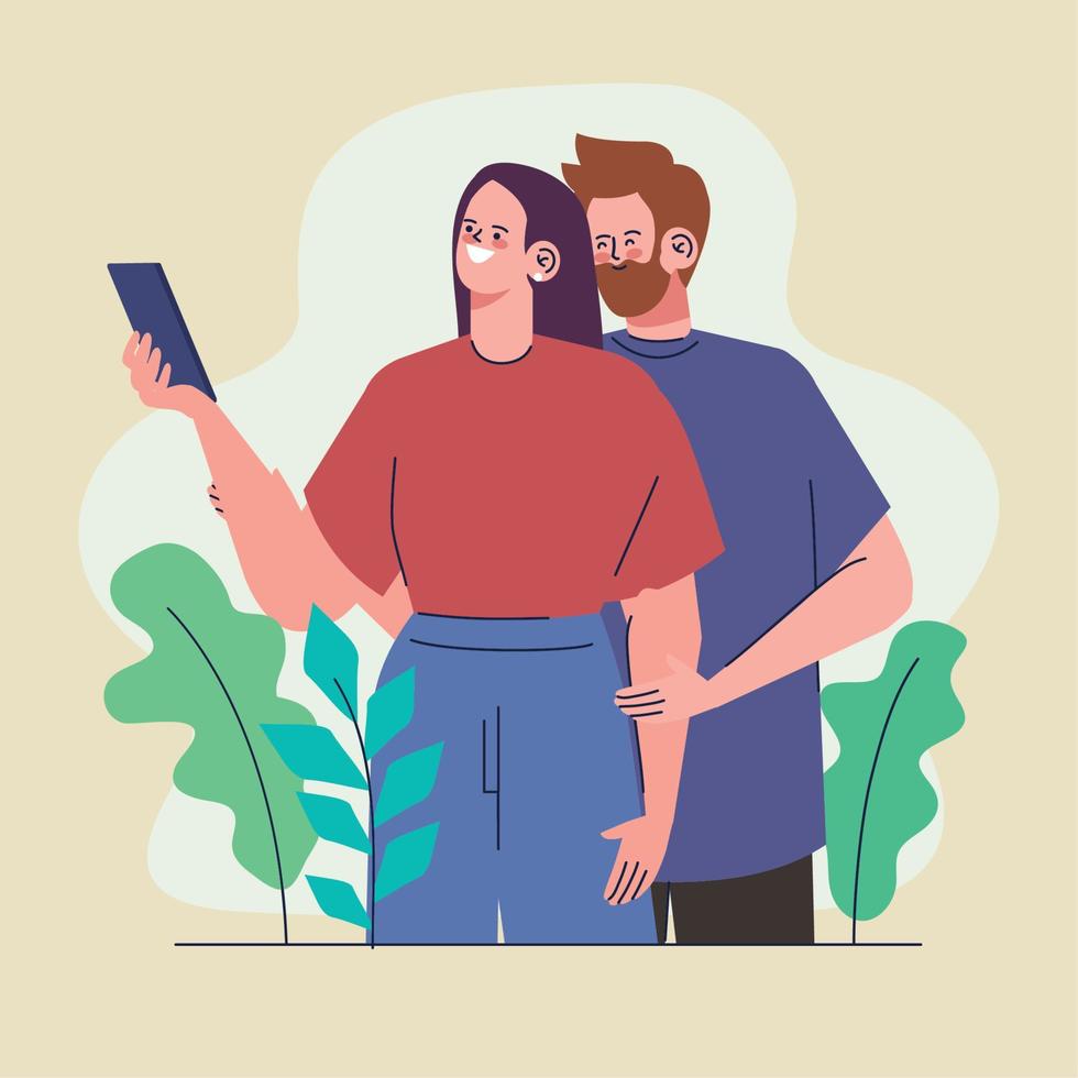 pareja tomando selfie y hojas vector