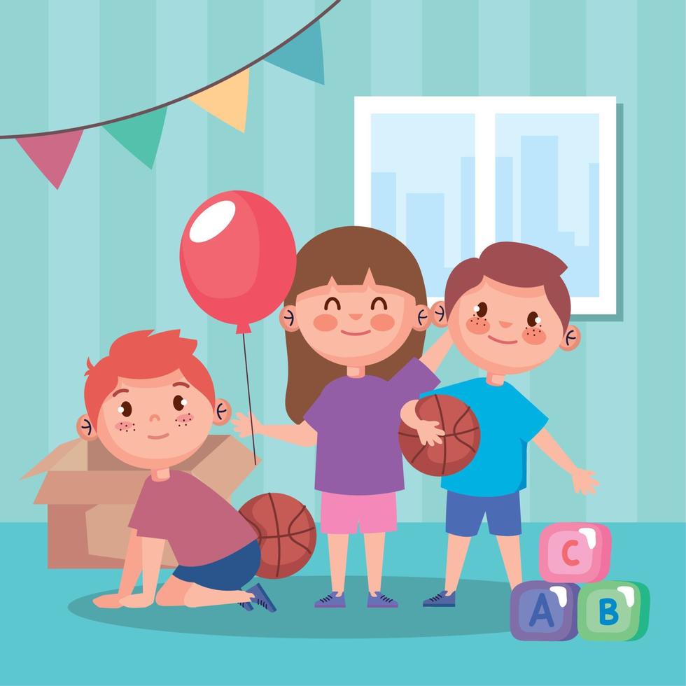 three kids in playroom vector
