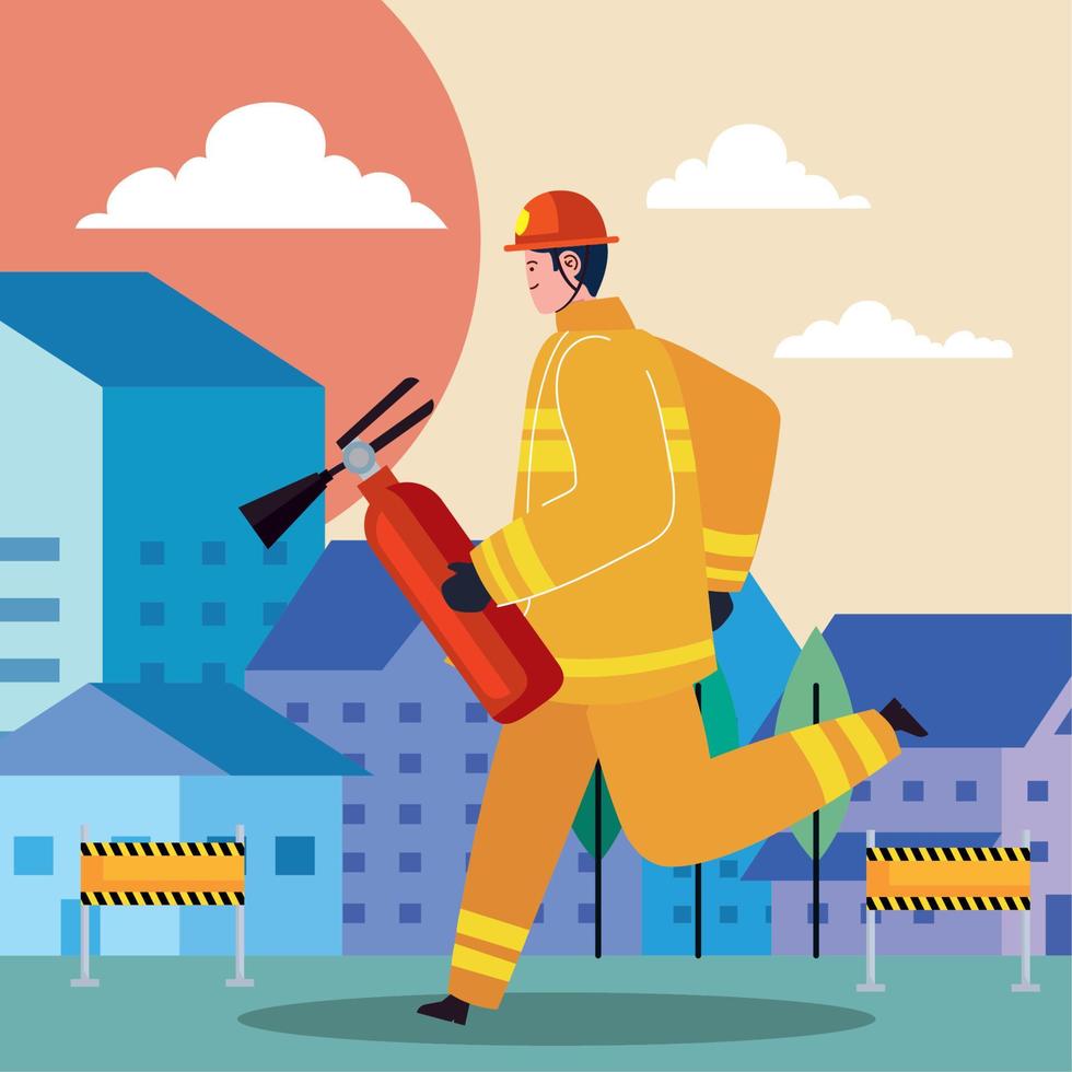 fireman running with extinguisher vector