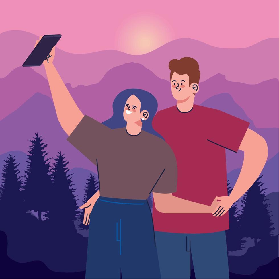 pareja tomándose un selfie en el bosque vector