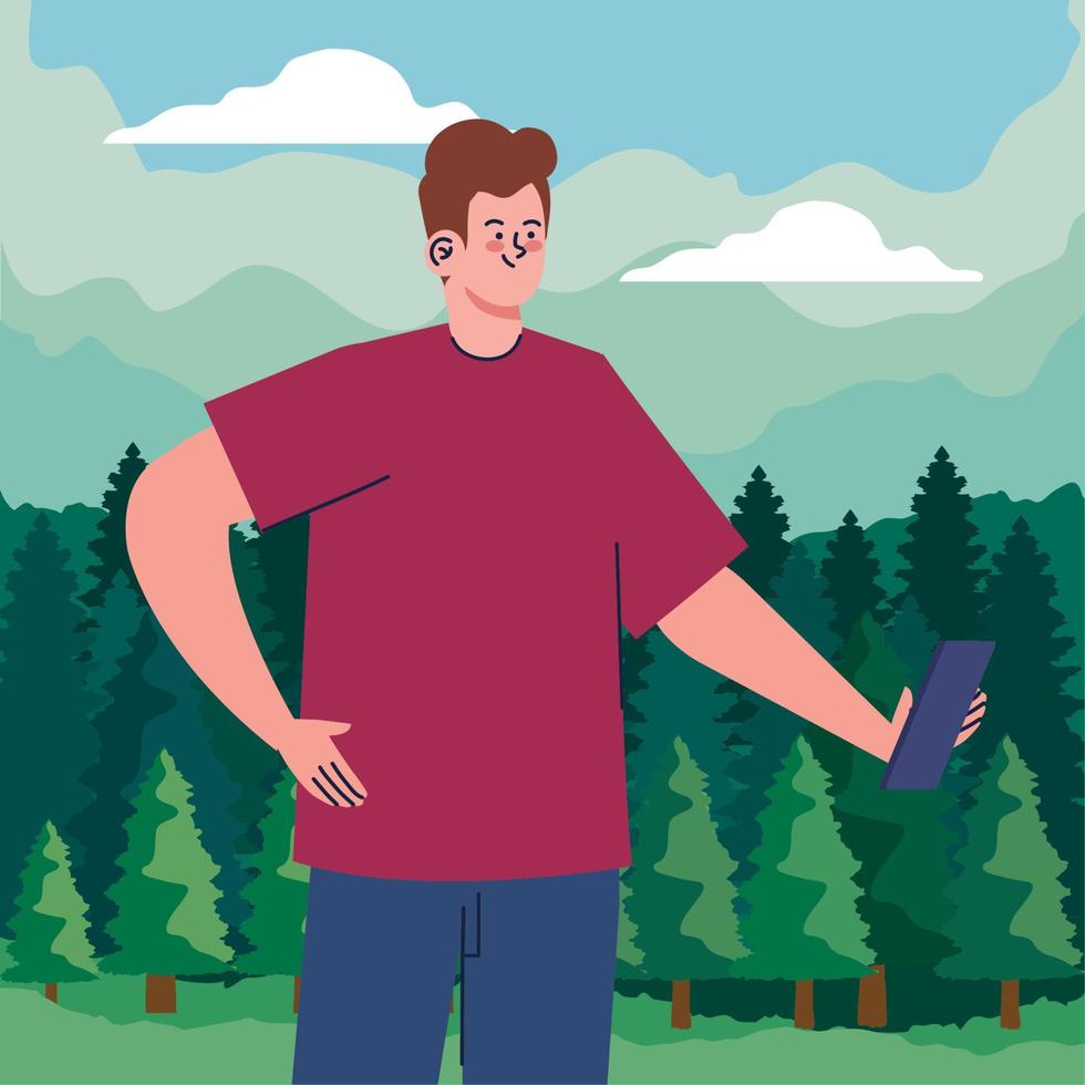 hombre tomando un selfie en el paisaje vector