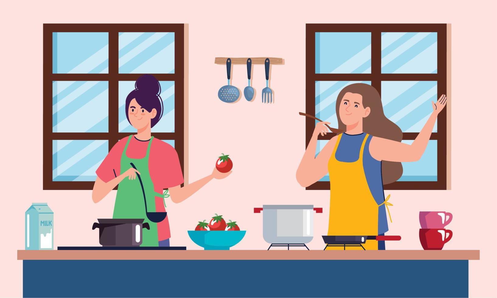 girls cooking in kitchen vector