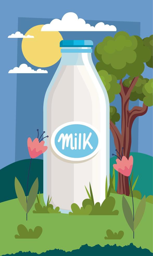 botella de leche en el paisaje vector