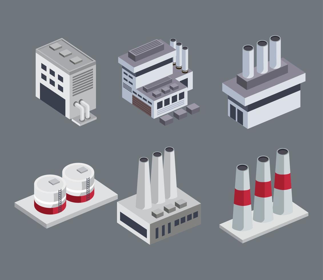 seis edificios industriales isométricos vector