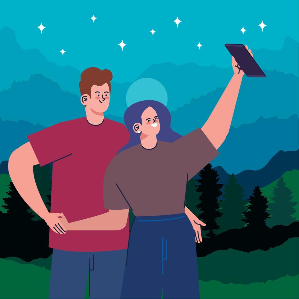 couple taking a selfie at night vector