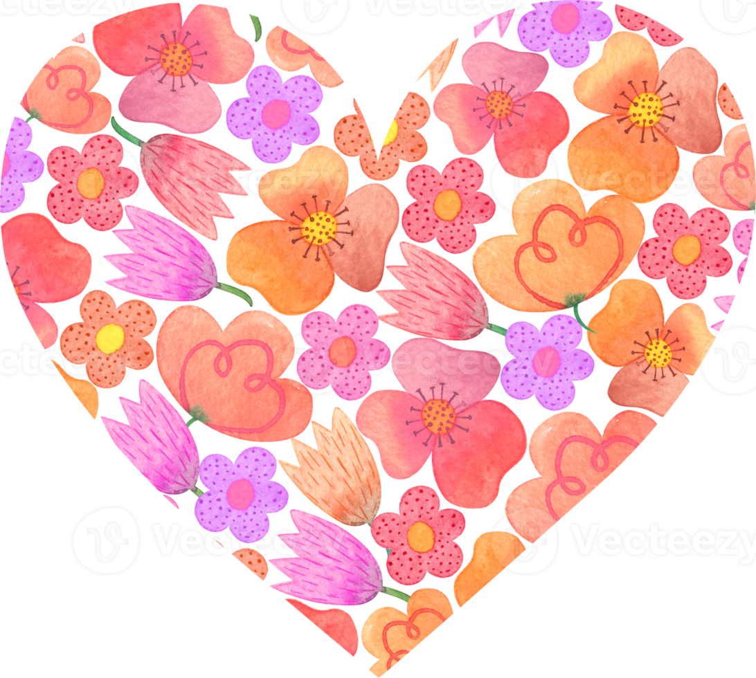 Beautiful heart made of watercolor floral elements png