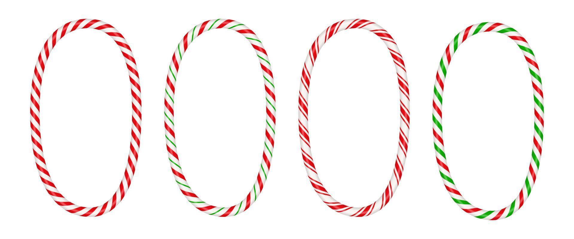 Christmas candy cane vertical frame with red and white stripe. Xmas border with striped candy lollipop pattern. Blank christmas and new year template. Vector illustration isolated on white background